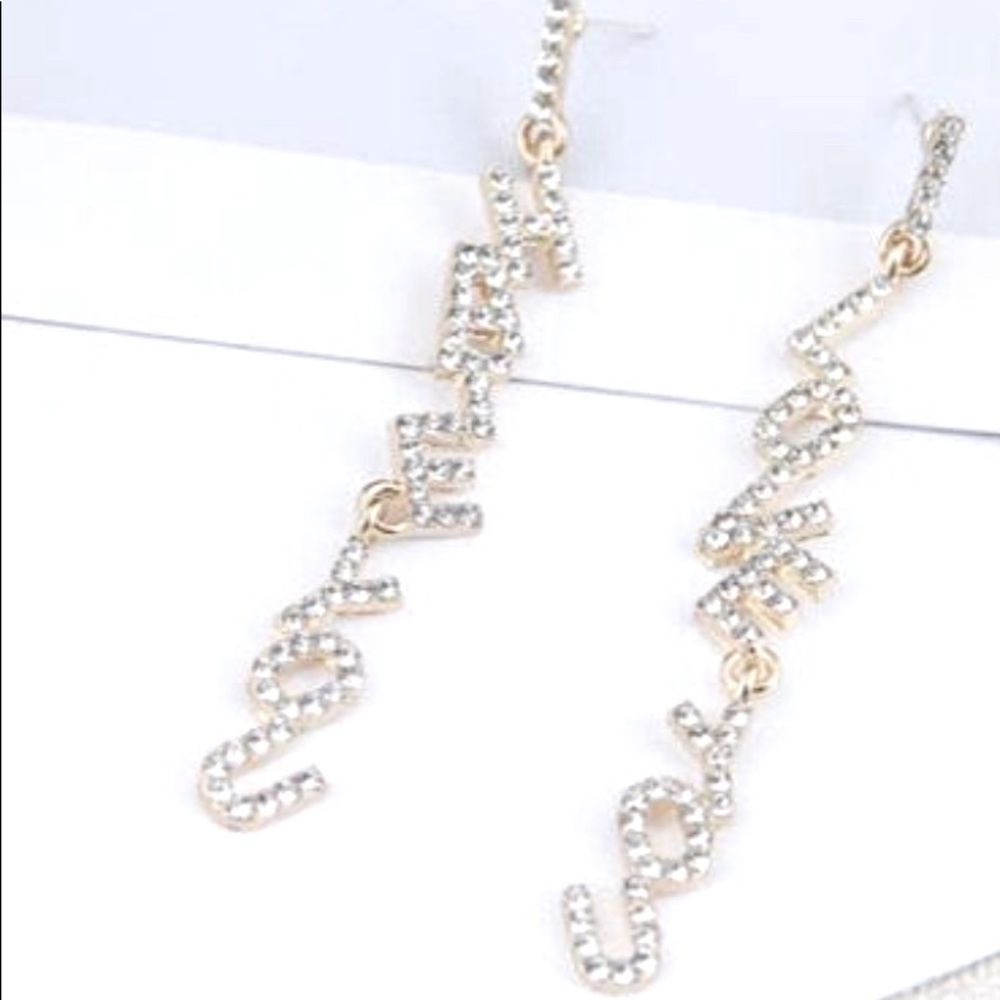 NEW, Dangling Cosmetic  “Love You, Hate You” Rhinestone Earrings